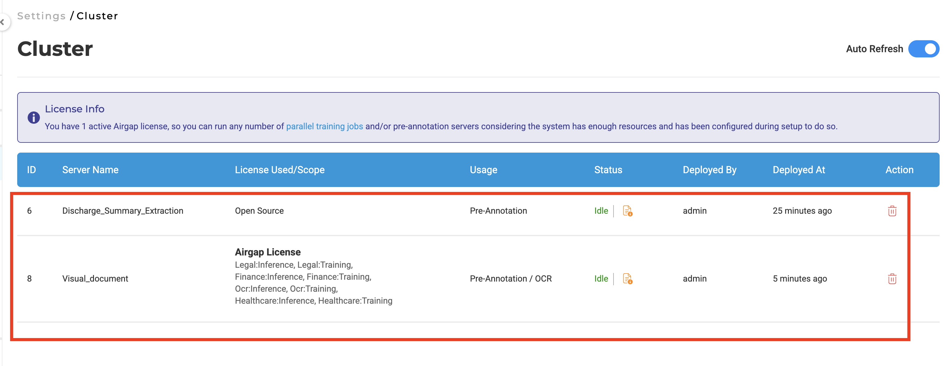 Cluster page showing all deployed pre-annotation servers