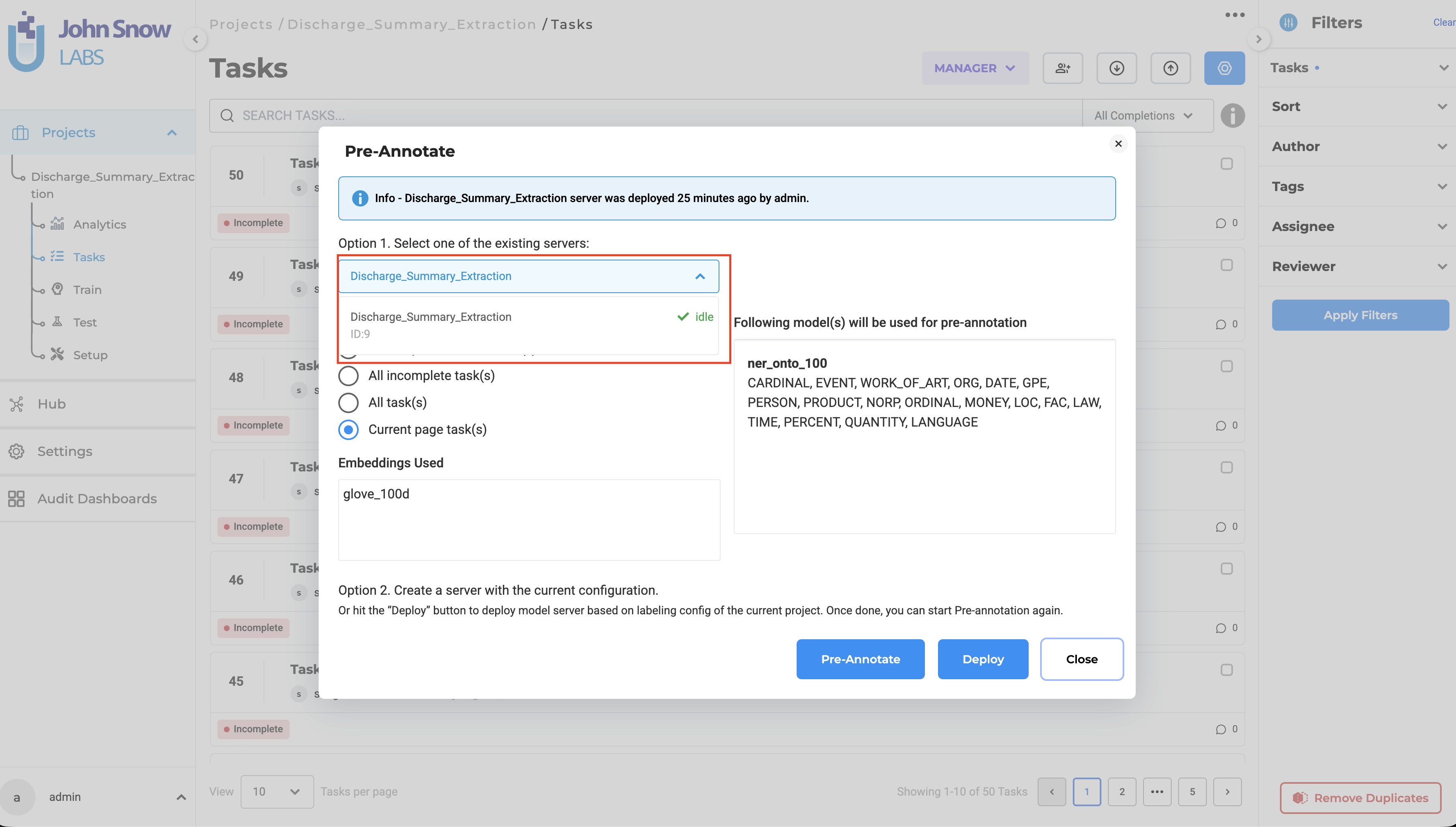 Pre-Annotate dialog showing only the server compatible with the current project type