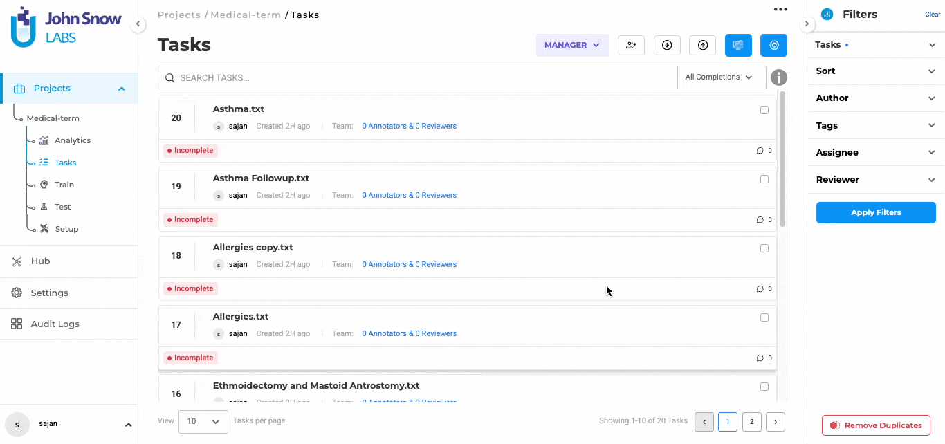 PDF import with built-in text extraction for NER projects