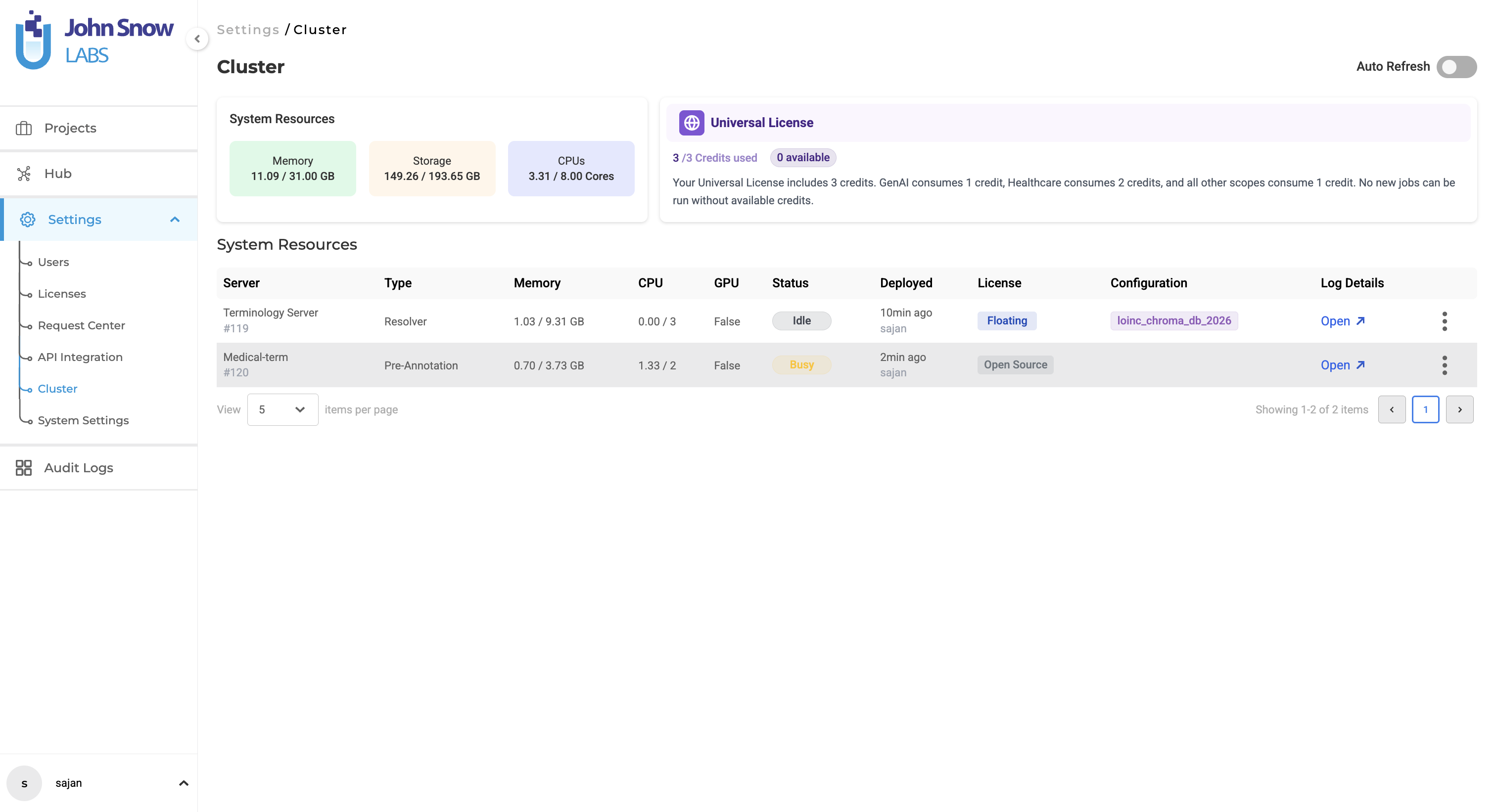 Cluster Management Dashboard showing system resources and deployed servers