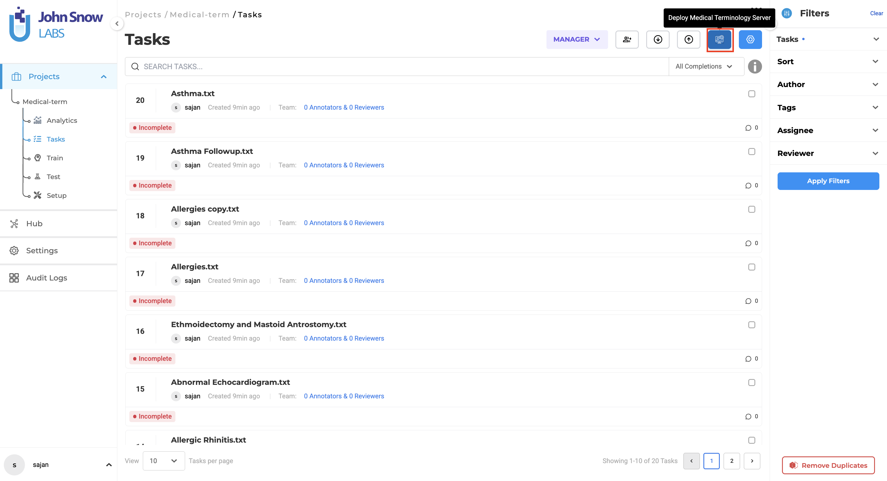Task page showing Medical Terminology server deployment button