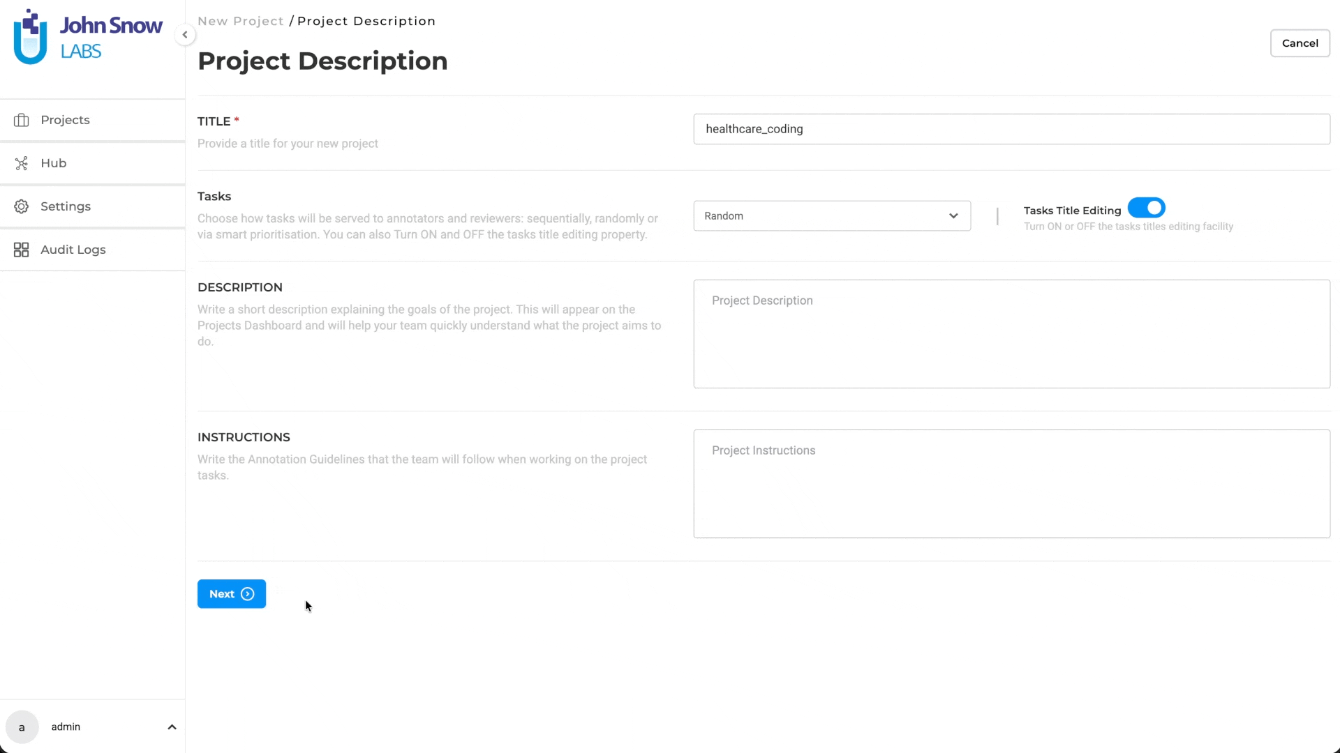 Project setup page for creating a new Medical Terminology-enabled project