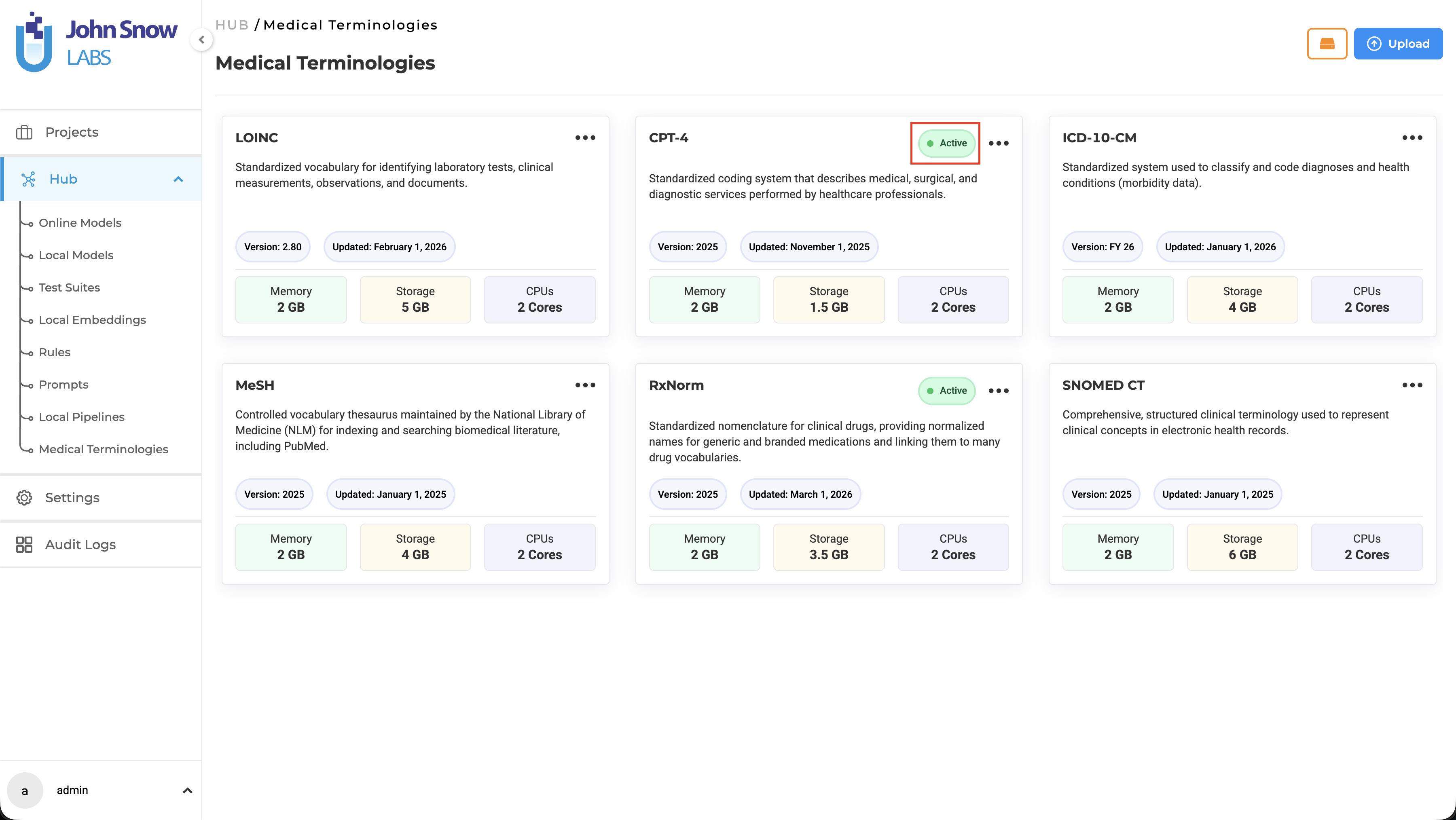 Medical Terminologies management page showing available terminology assets
