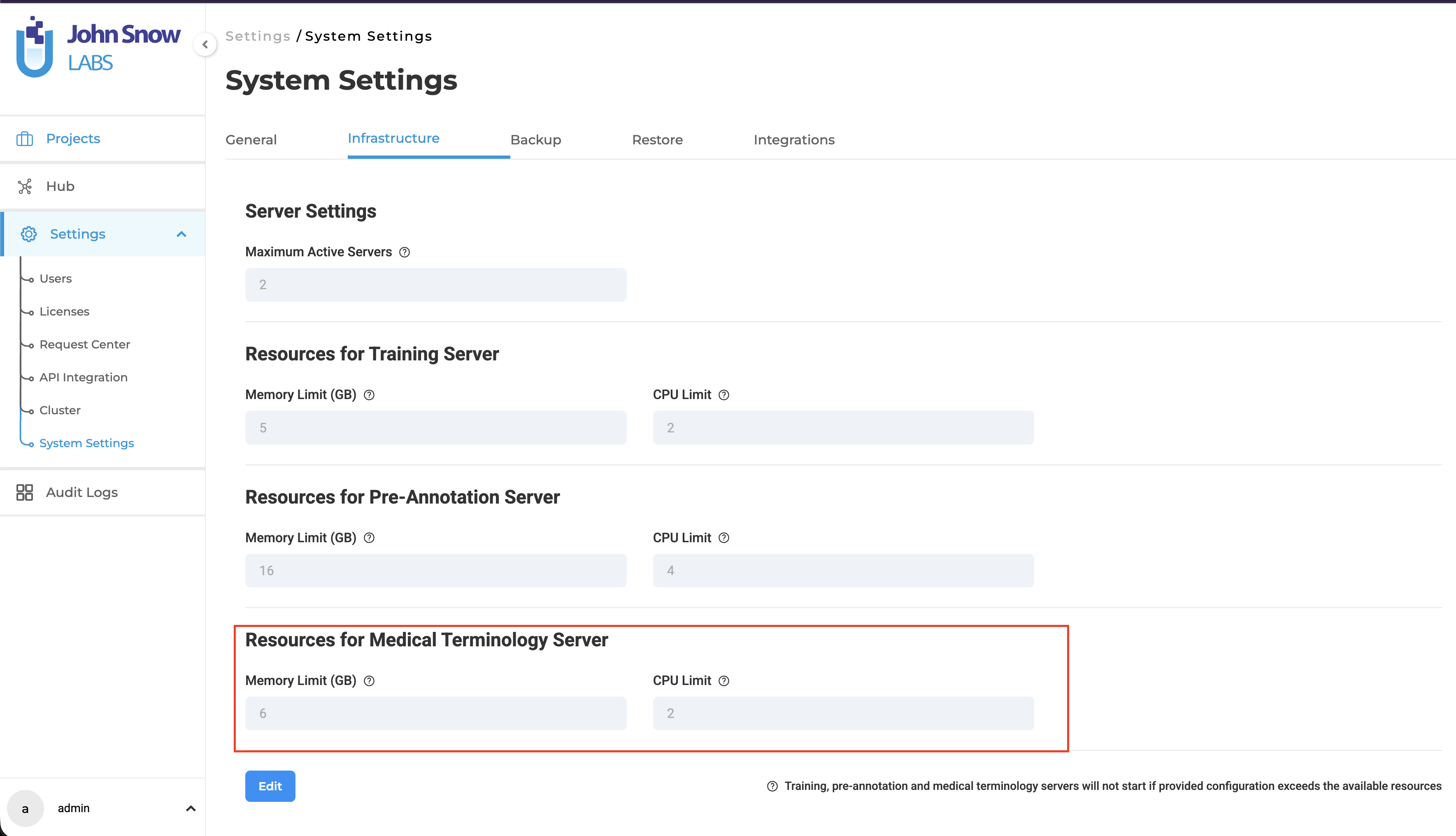 Resource configuration for Medical Terminology Server in Infrastructure settings
