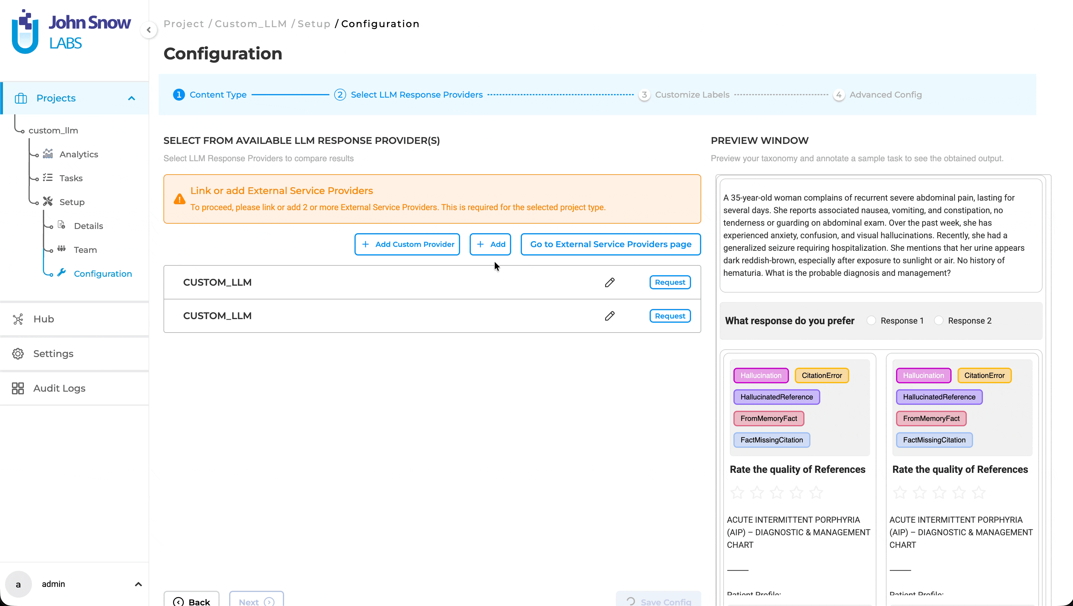Custom LLM selection during project configuration