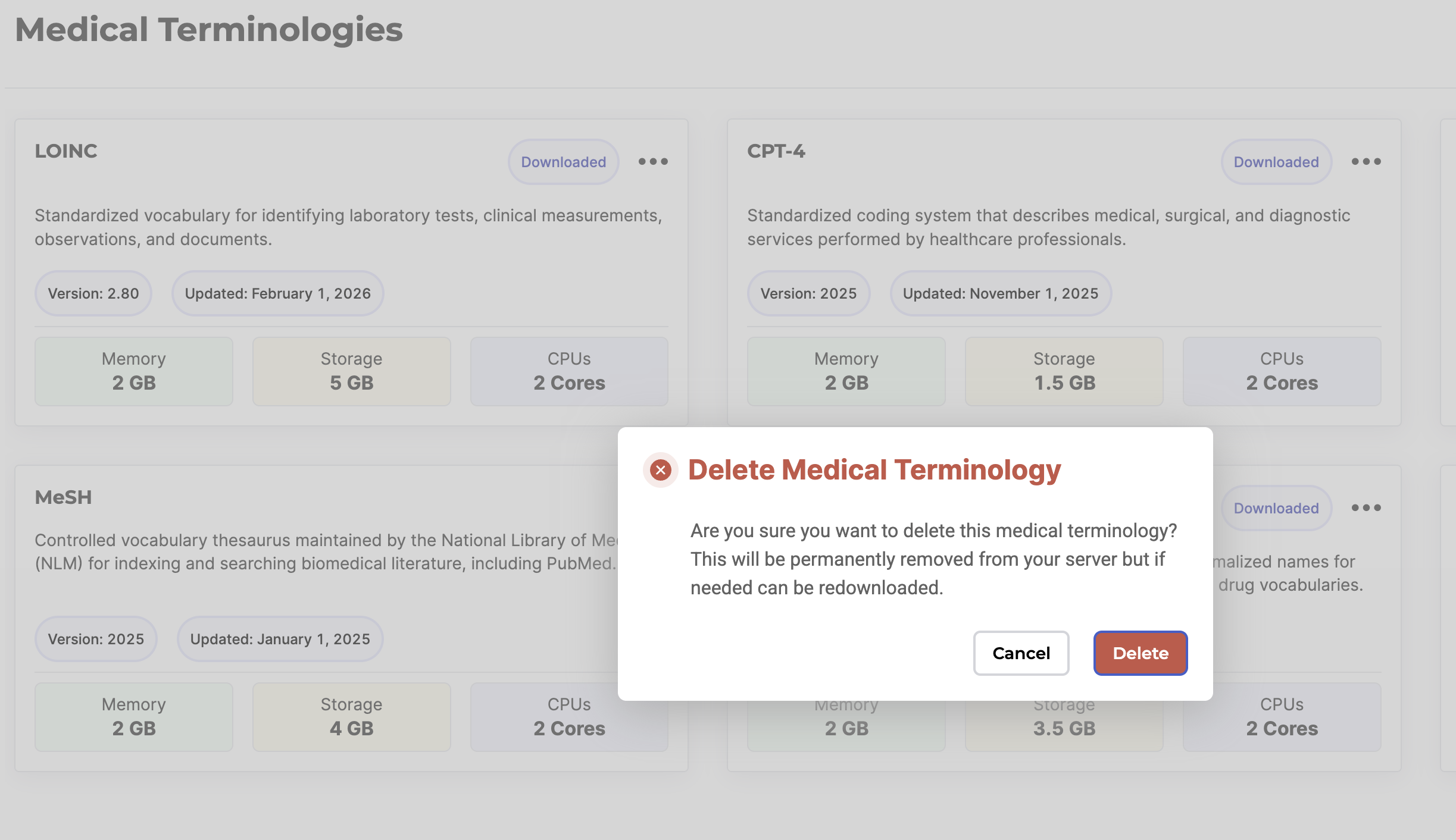 Delete confirmation dialog for Medical Terminologies