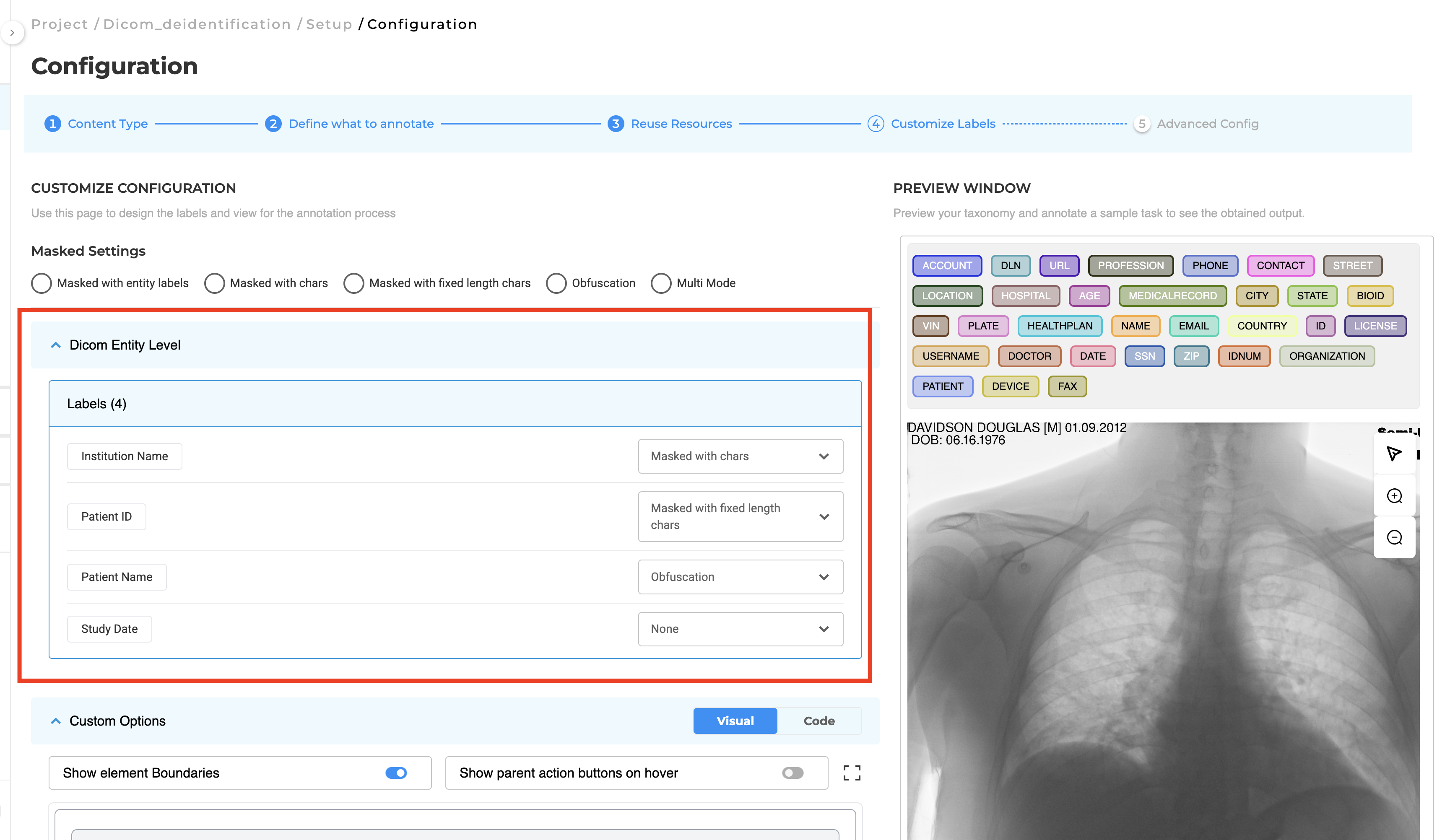 Supported DICOM metadata masking entities