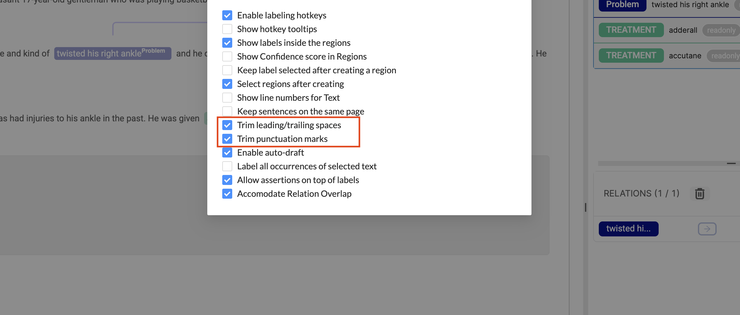 Independent trimming settings for whitespace and punctuation