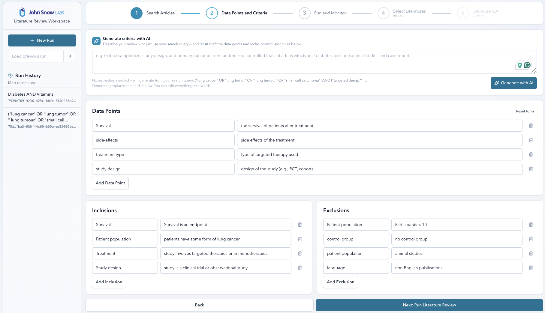 Step 2 — define data points and AI-generated criteria