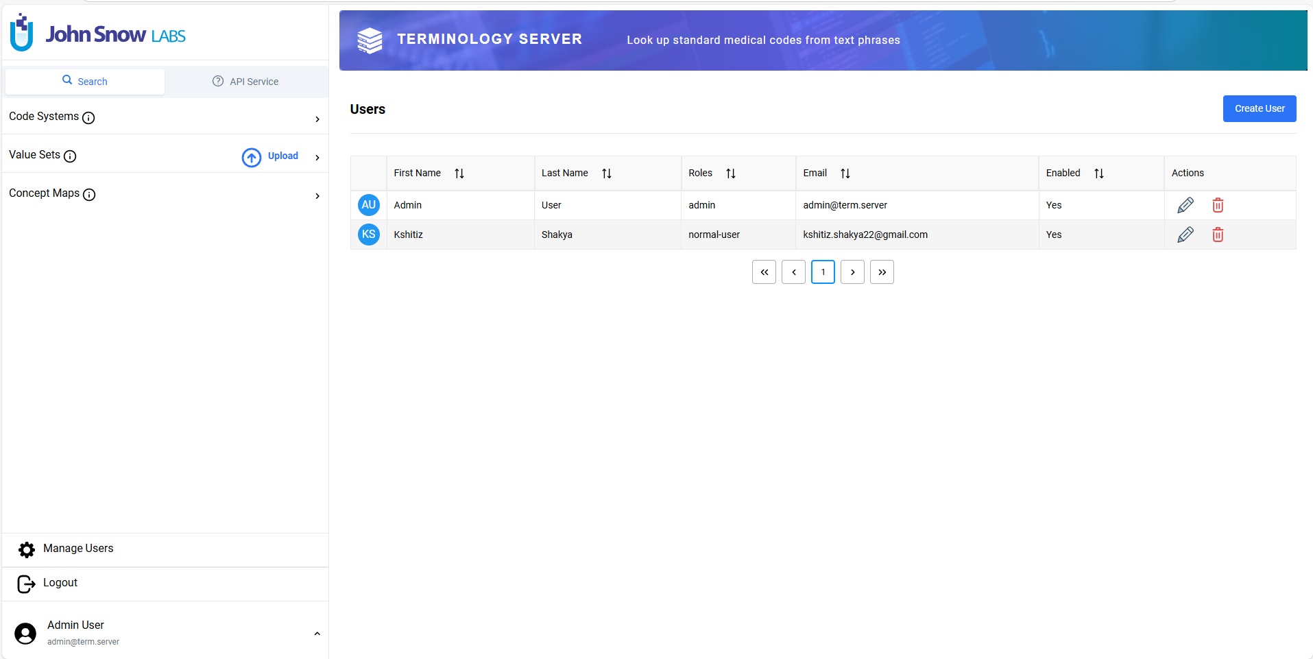 Screenshot of user management